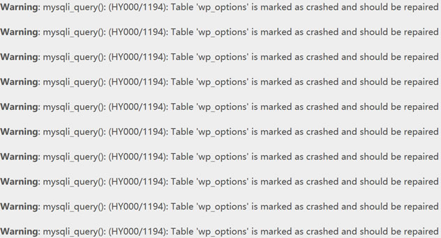 解决WordPress"mysqli_query(): (HY000/1194)"问题