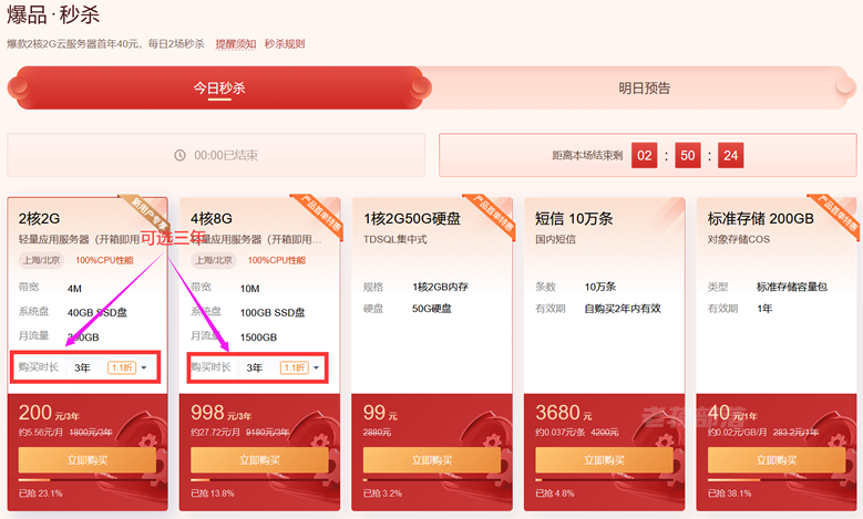 腾讯云新春促销-每天两场爆款产品活动