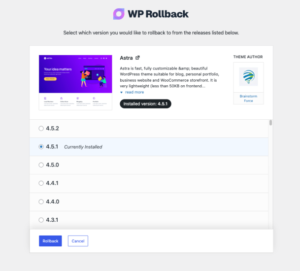 使用 WP Rollback 回滚安装主题和插件的任意版本 - Wp Rollback 6