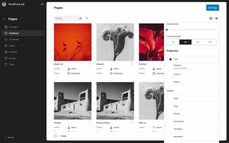 WordPress 6.8 中的页面视图