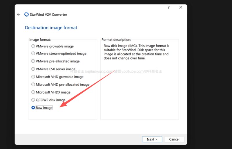 使用 StarWind V2V Converter 选择 Raw Image 格式以生成 IMG 引导镜像<br>(Selecting Raw image format in StarWind V2V Converter to create an IMG boot file)