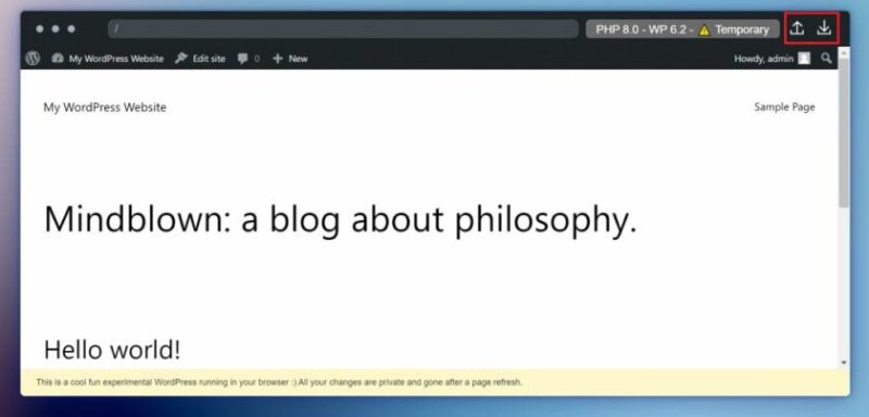 WordPress Playground 右上角的导入和导出按钮