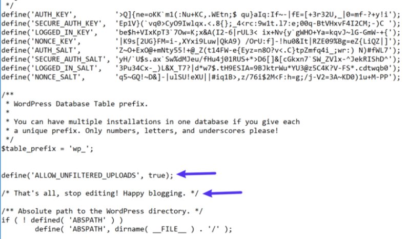 编辑 wp-config.php 文件的代码部分 - WordPress 允许的文件类型