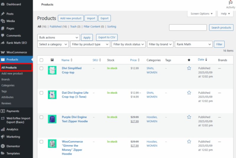 WordPress 仪表板显示了“所有产品”链接的查找位置