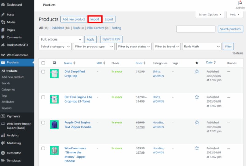WordPress 仪表板显示 WooCommerce 产品列表和导入按钮