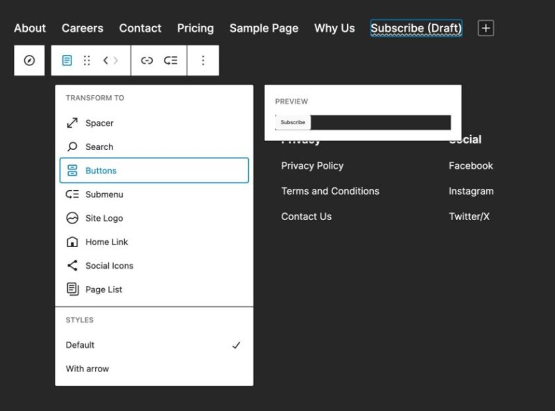 在 WordPress 6.4 中将菜单项转换为按钮