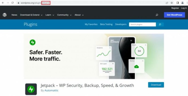 WordPress 官方目录中的 Jetpack 插件页面,URL 中突出显示插件名称