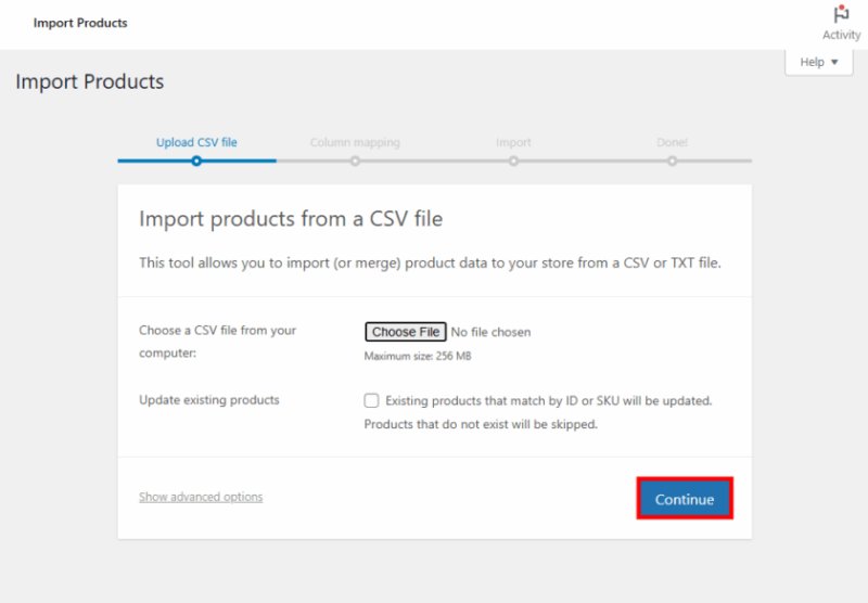 选择 CSV 文件后,WooCommerce 导入工具的“继续”按钮