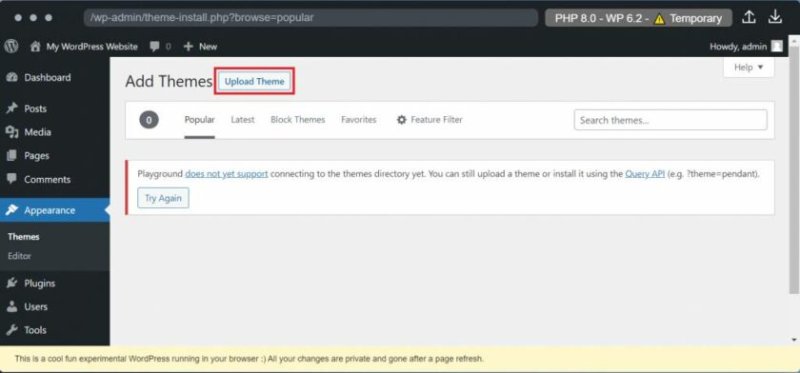 WordPress Playground 管理仪表板中的“上传主题”按钮