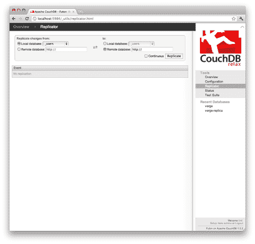 Time for action — replicating our local _users database to Cloudant