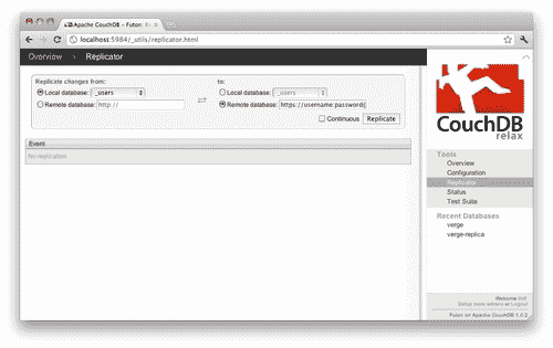 Time for action — replicating our local _users database to Cloudant