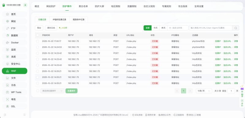 Nginx WAF 防护事件页面显示 php2shell 攻击请求已被拦截