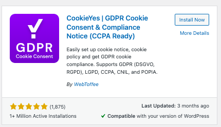 安装并激活 CookieYes 插件