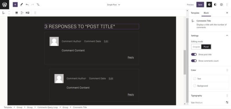 WordPress 站点编辑器，显示一个评论查询循环和两条评论。 在它们上方是一个评论标题栏。