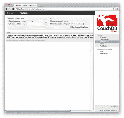 Time for action — replicating our local _users database to Cloudant