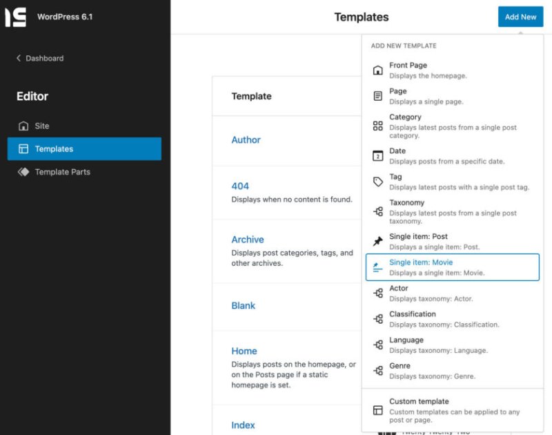 显示 WordPress 6.1 中可用模板类型列表的图像