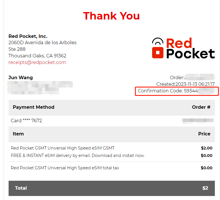 redpocket esim Confirmation Code