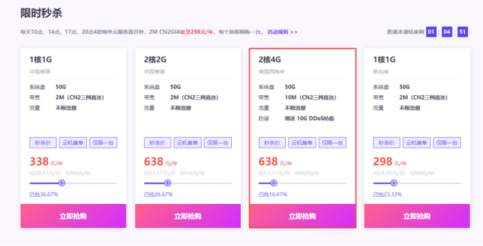 华纳云美国CN2云服务器 10M CN2三网直连 送10G防御